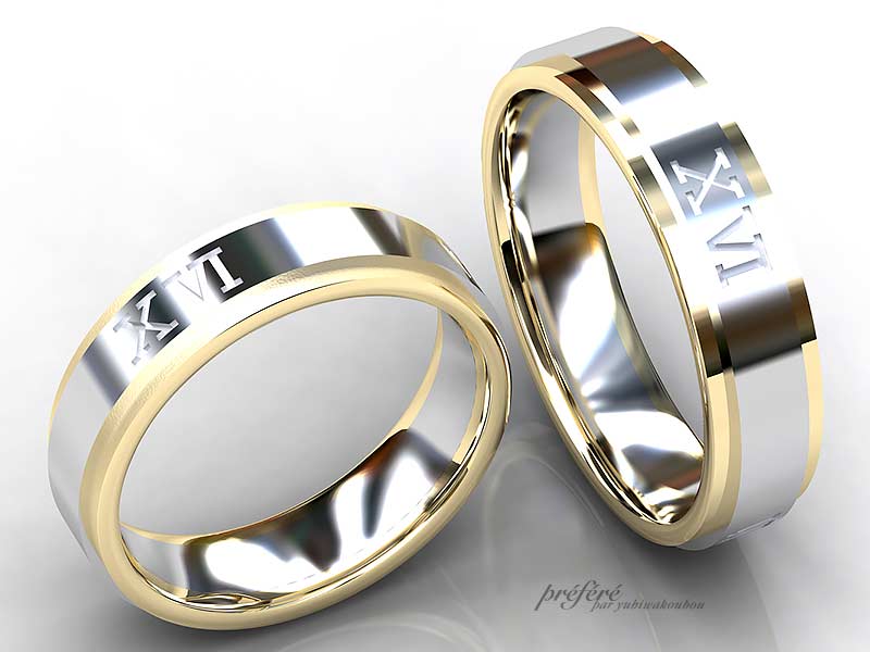 オーダーメイドの結婚指輪はコンビ素材でローマ数字を入れてお創りしました