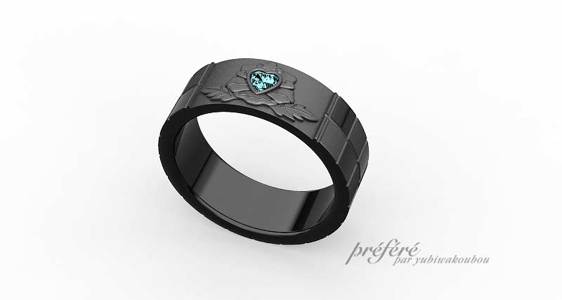 市松模様と牡丹の花のデザインでブラック仕上げの結婚指輪