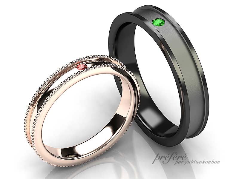 結婚指輪はオーダーでカラーダイヤを入れてそれぞれの想いを込めました。