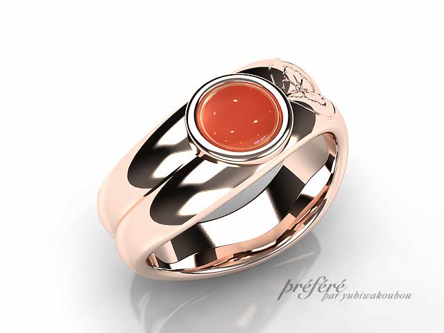 結婚指輪のオーダーはピンクゴールドでサードオニキスと家紋