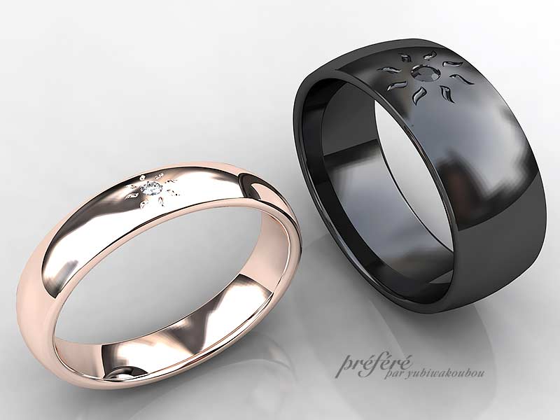 ブラックとピンクゴールドの結婚指輪は太陽モチーフでオーダーメイド