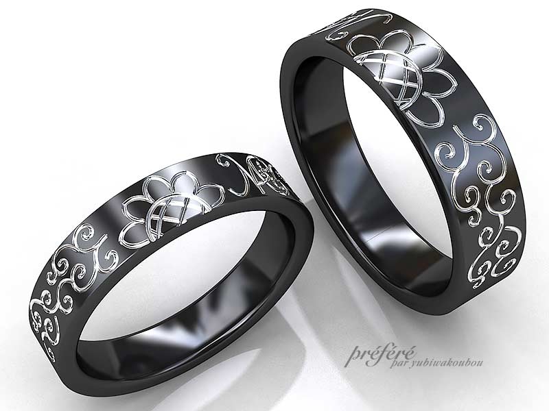 結婚指輪はブラック仕上げでひまわりモチーフでオーダー
