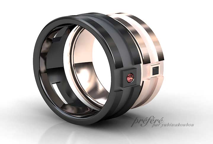 オーダーの結婚指輪はピンクゴールドとブラックリング