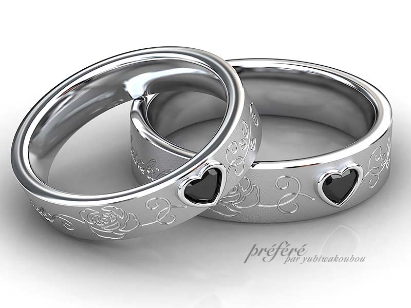 ハートのブラックダイヤと薔薇を手彫りしたオーダー結婚指輪