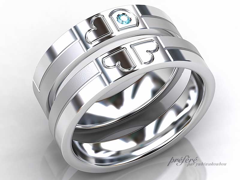 結婚指輪はオーダーで四つ葉のクローバーにアクアブルーダイヤ