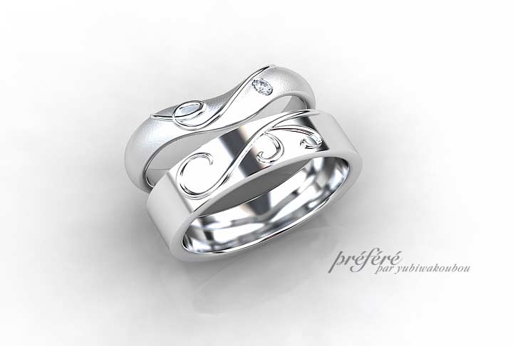 結婚指輪にイニシャルと四つ葉のクローバーをデザインしました