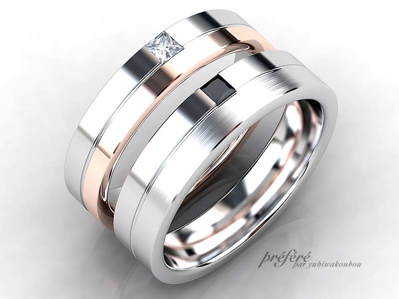 四角いプリンセスダイヤを留めたオーダーメイドの結婚指輪