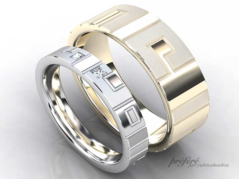 彼が描いたデザインでシャンパンゴールドの結婚指輪はオーダーメイド