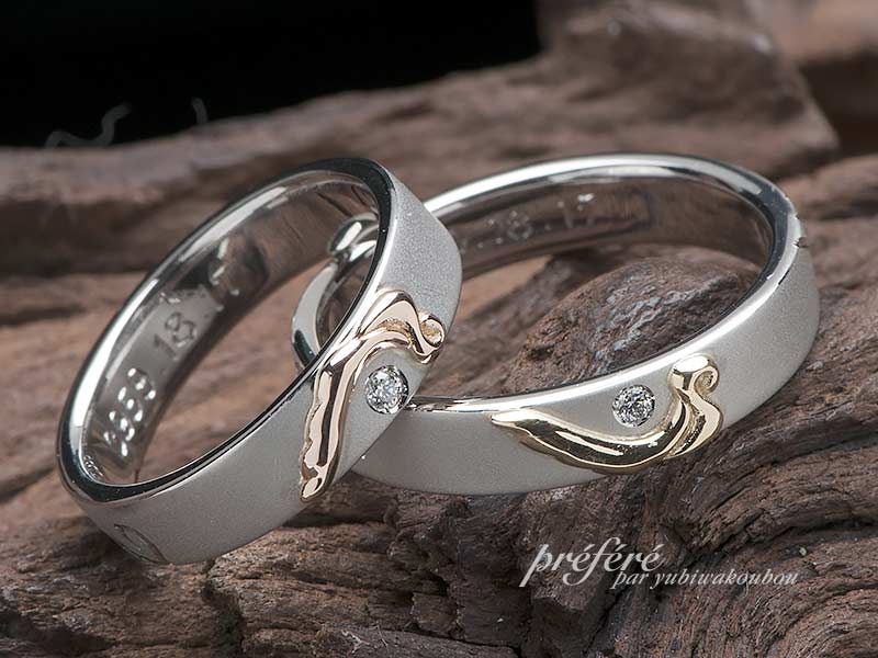 結婚指輪のオーダーは天使の羽のデザインと内側に誕生石