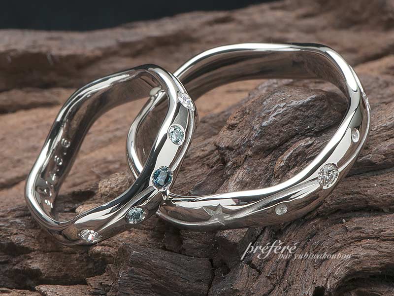 結婚指輪のオーダーは優しく波打つ形状に星とダイヤ