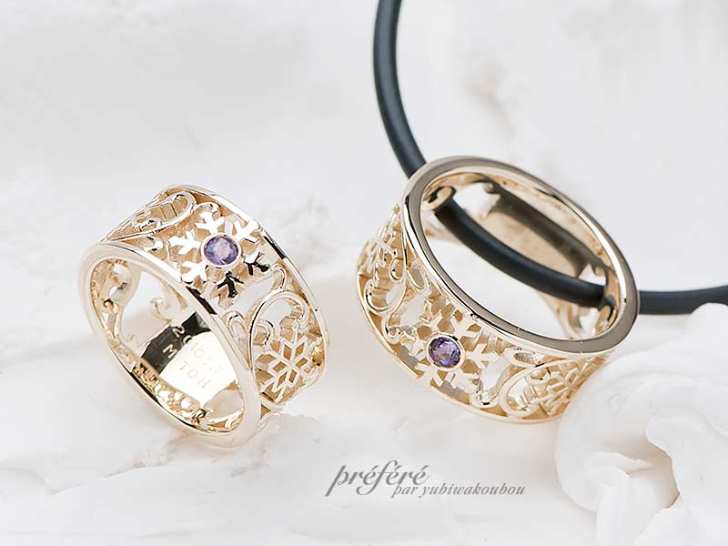 結婚指輪はオーダーメイドでK１８イエローゴールドにアメジストと雪の結晶デザイン