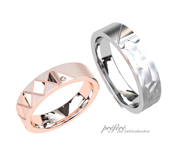 和柄の鱗をモチーフにしたペアのオリジナル結婚指輪はフルオーダー｜結婚指輪・婚約指輪はオーダーメイド専門のしあわせ指輪工房で