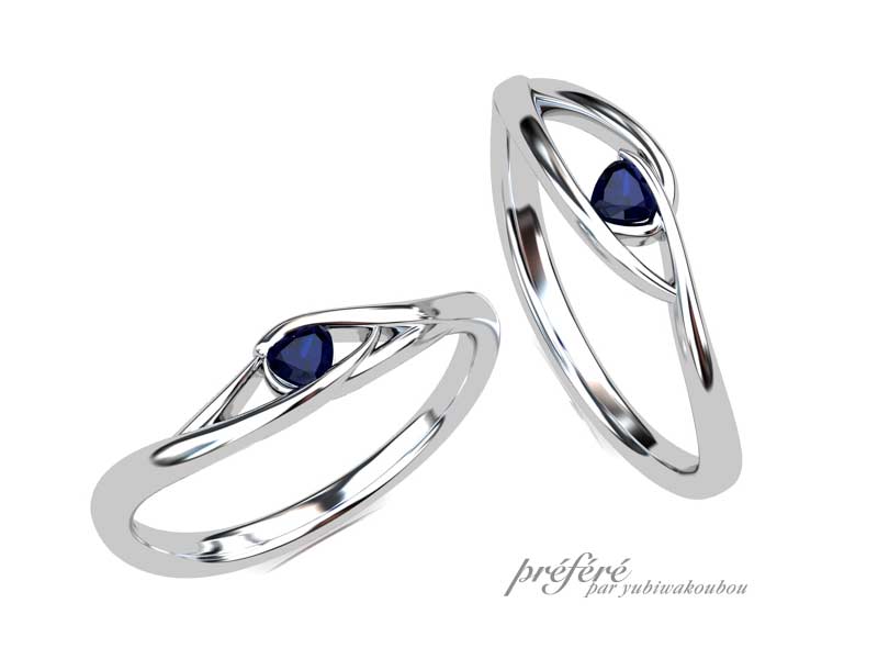 ハート形ブルーサファイアの結婚指輪