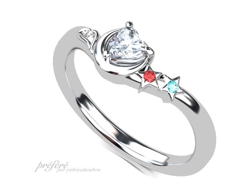 ハートダイヤと三日月と星とイニシャルモチーフのプロポーズリング（婚約指輪）