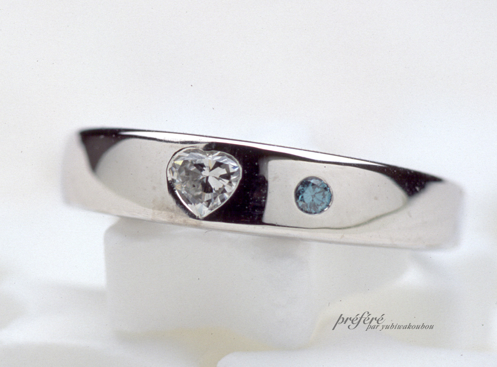 ブルーのダイヤとハートのダイヤで婚約指輪オーダー
