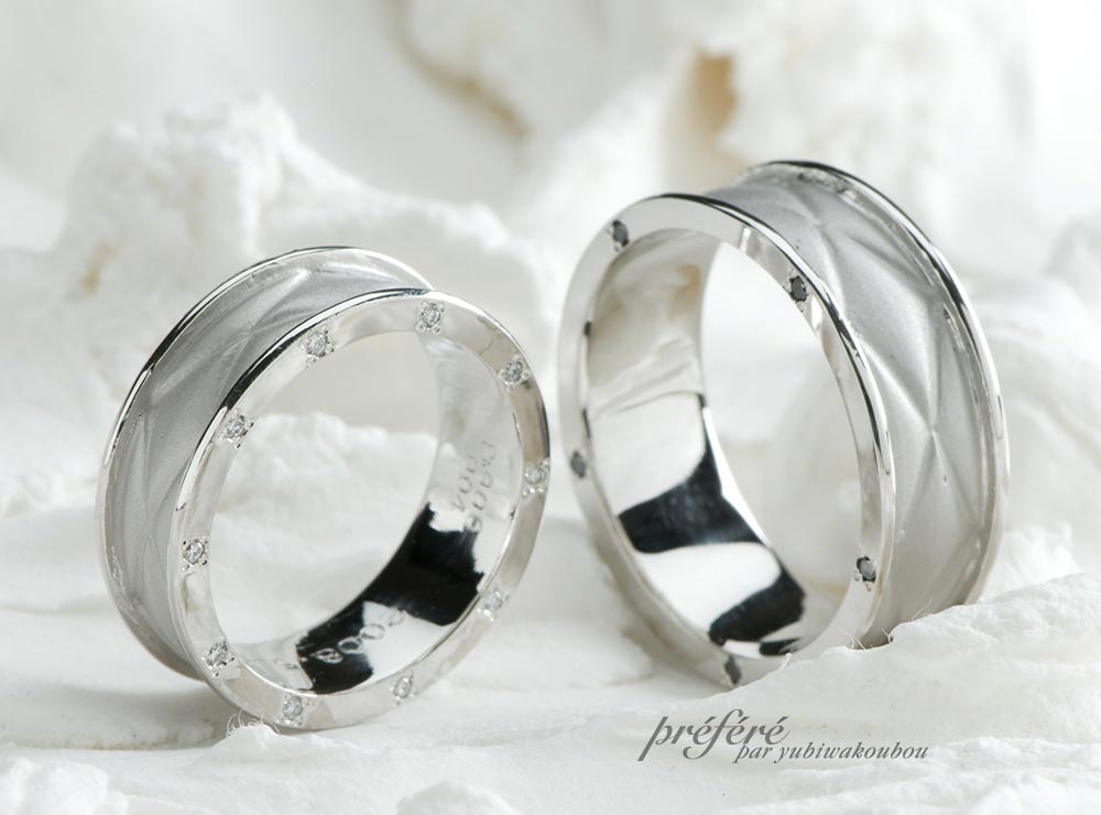 幅広のリングの側面にダイヤを入れた結婚指輪をオーダーメイド