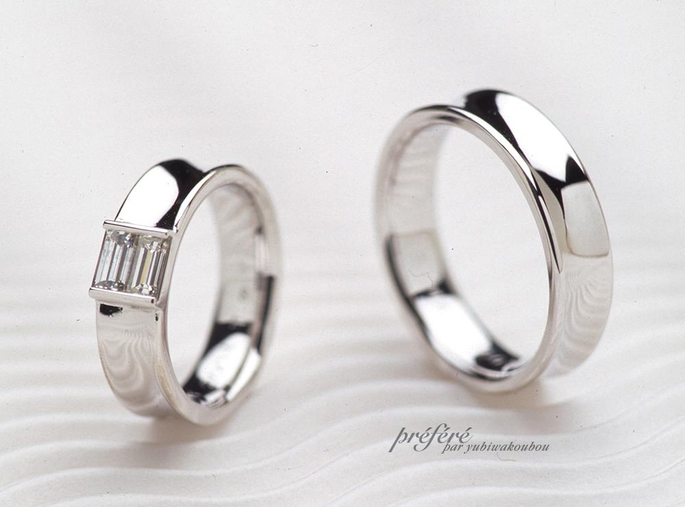 長方形のバケットダイヤのオーダーメイド結婚指輪