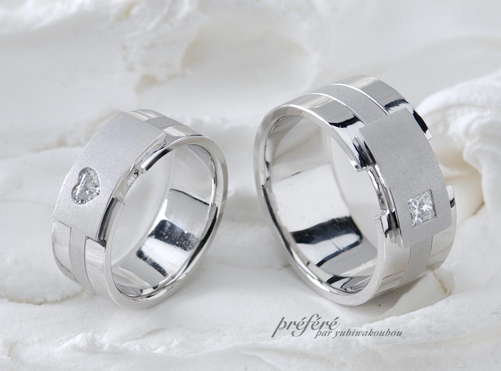 ハートダイヤとプリンセスダイヤの結婚指輪