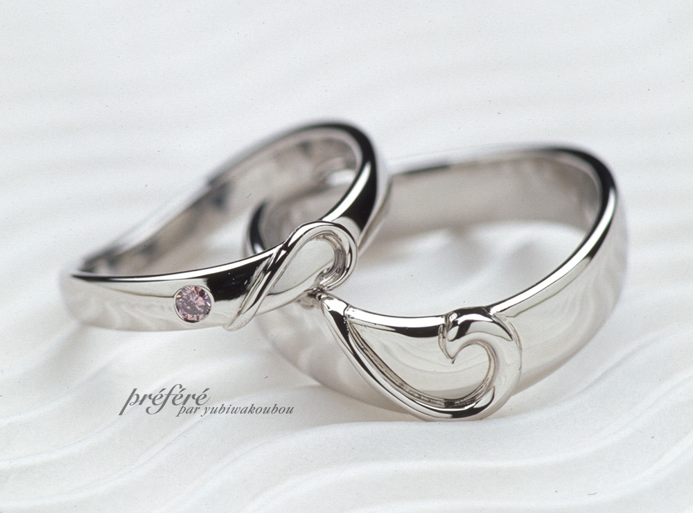 二人のリングを合わせるとハートになるデザインの結婚指輪