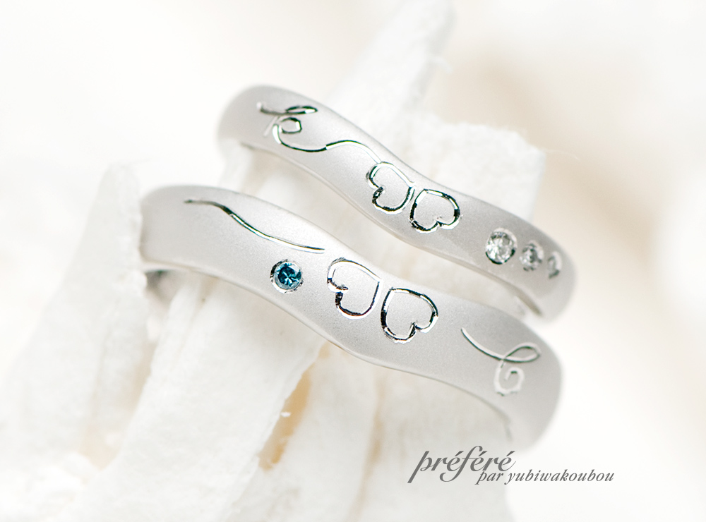 四つ葉のクローバーとイニシャルデザインの結婚指輪オーダーメイド
