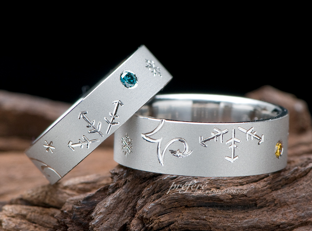 結婚指輪のオーダーは雪の結晶とイニシャルに釣り針デザイン