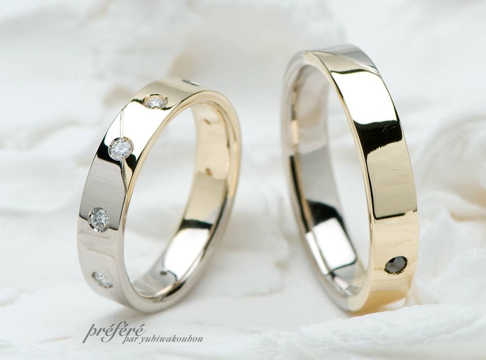 コンビ素材とダイヤの配置にこだわったオーダーメイドの結婚指輪