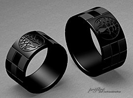 家紋と市松模様のブラックリングは結婚指輪でオーダーメイド