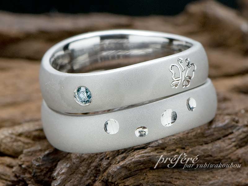 蝶をデザインに入れたフルオーダーの結婚指輪