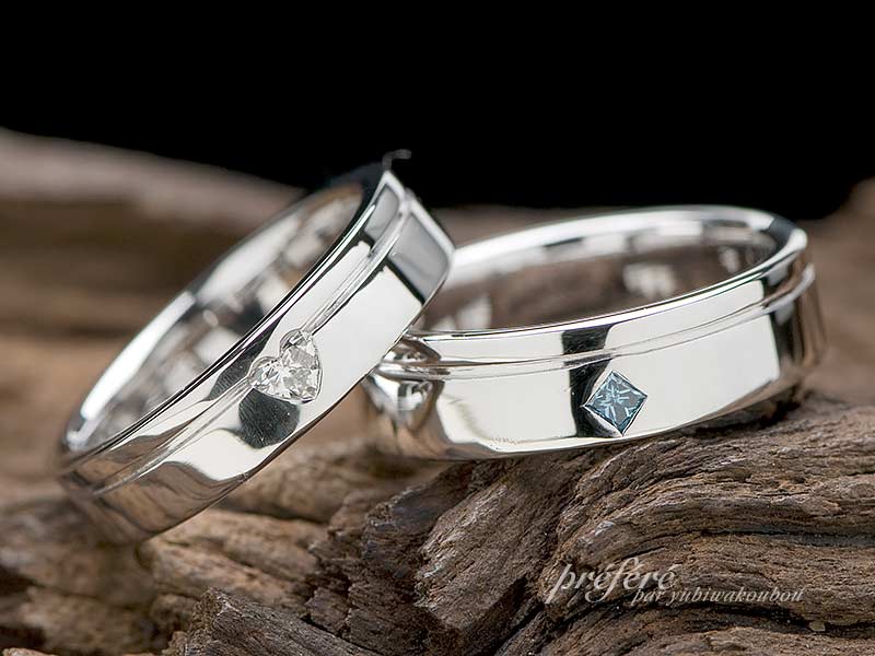 シンプルなデザインにハートのダイヤモンドを入れた結婚指輪はフルオーダー