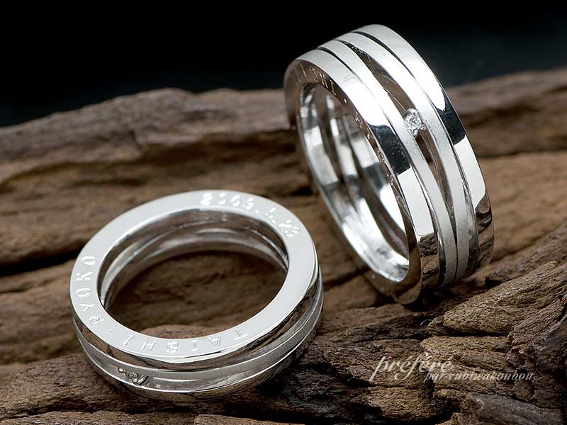 側面に名前と誕生日を刻んだペアのフルオーダー結婚指輪