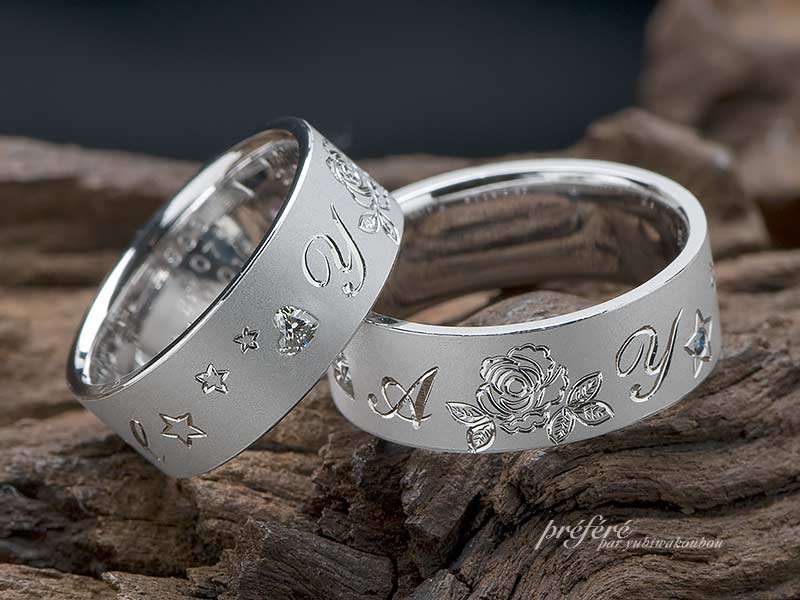 薔薇と流れ星モチーフのペアの結婚指輪はフルオーダー