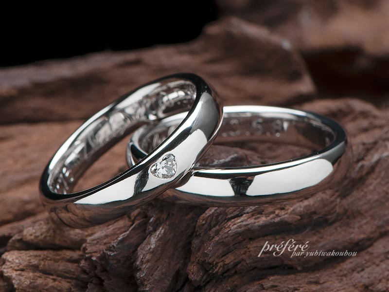 ハートのダイヤを入れたシンプルな結婚指輪はオーダーメイド