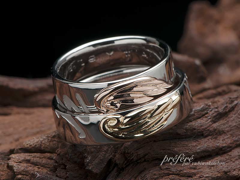 天使の羽をモチーフにしたペアデザインの結婚指輪はオーダーメイド