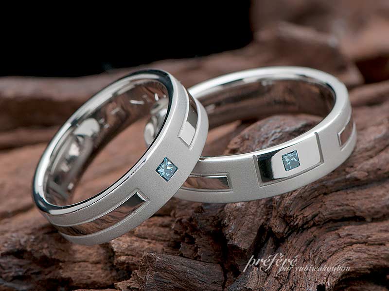 ブルーのプリンセスダイヤを入れた結婚指輪はオーダーメイド