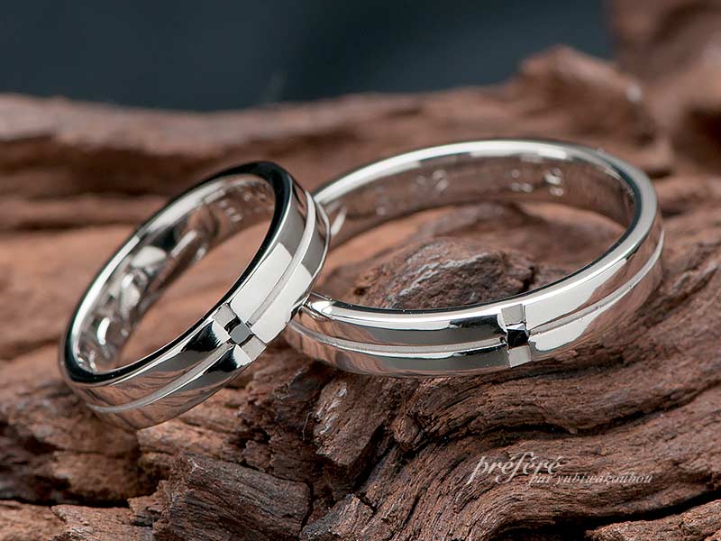 四角い黒いダイヤを入れたペアデザインの結婚指輪はオーダーメイド