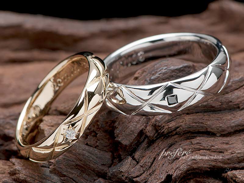 ダイヤモンドを星留めしたゴールドの結婚指輪はオーダーメイド