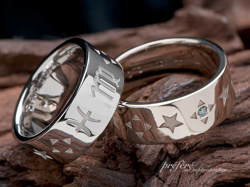 星と星座をモチーフにしたペアの結婚指輪はフルオーダー