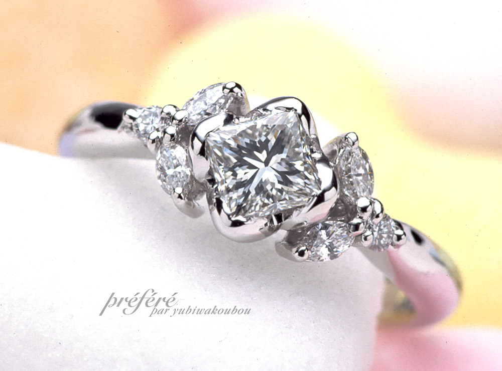 プリンセスカットのダイヤを使ってエンゲージリング（婚約指輪)をオーダーメイド