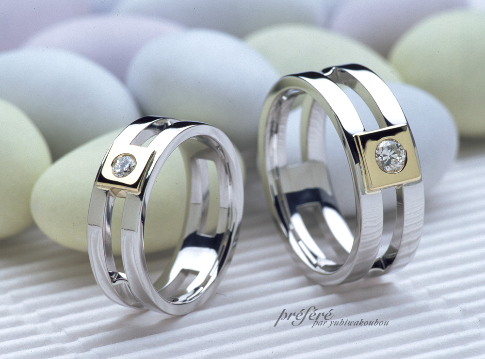 プラチナとゴールドにダイヤを入れたマリッジリング(結婚指輪)は、オーダーメイド