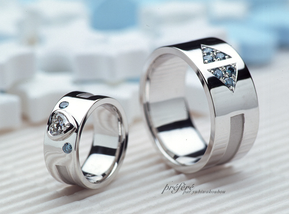 ブルーのダイヤを入れたオーダーメイドのマリッジリング(結婚指輪)