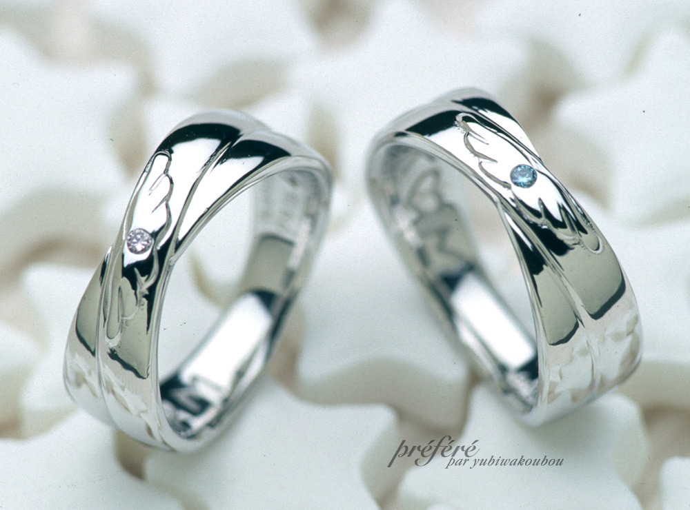 天使の羽にダイヤを入れたオーダーメイドの結婚指輪（マリッジリング）