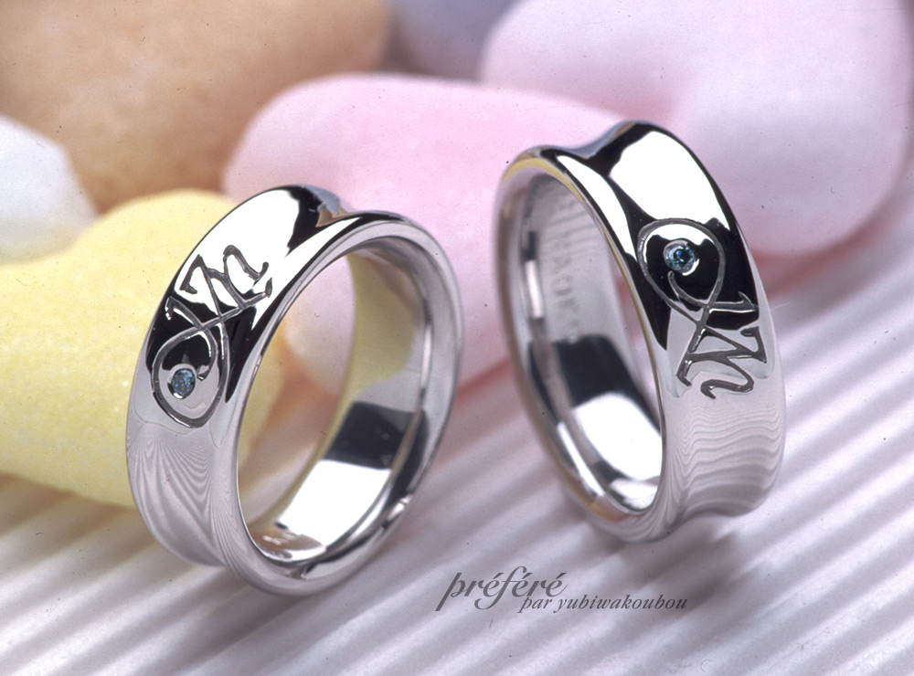 逆甲丸イニシャルデザインのオーダーメイドのマリッジリング（結婚指輪）