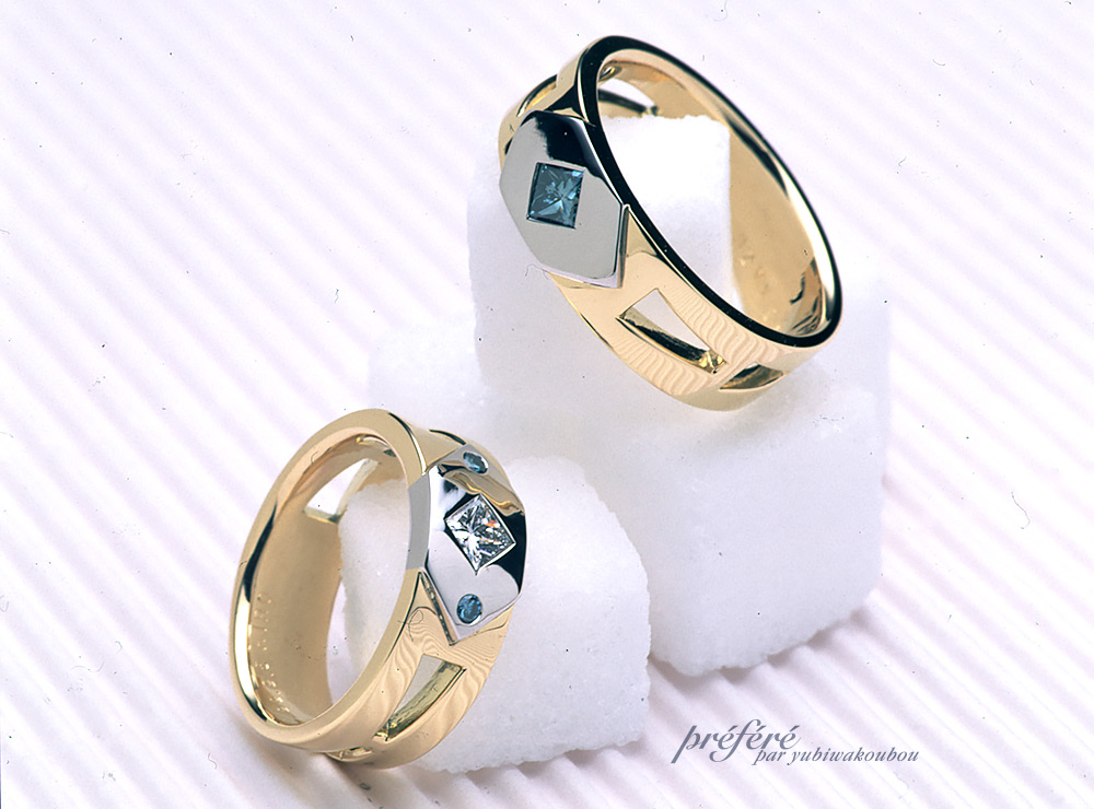 プリンセスカットのダイヤを入れたオーダーメイドのマリッジリング(結婚指輪)