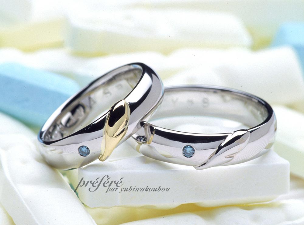 結婚指輪オーダーメイドで天使の羽とブルーダイヤ