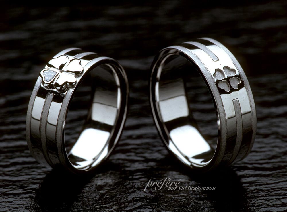 マリッジリング（結婚指輪）オーダーメイドで四つ葉のクローバーのモチーフ