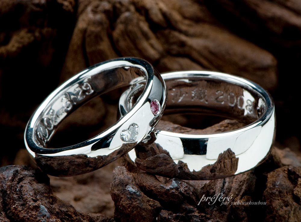 キュートなハートのダイヤを入れた結婚指輪をオーダーメイド