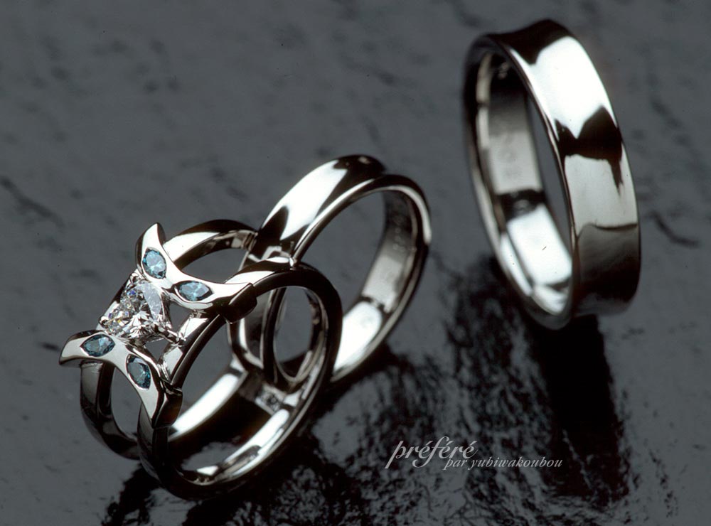 ハートダイヤの婚約指輪にセットする結婚指輪