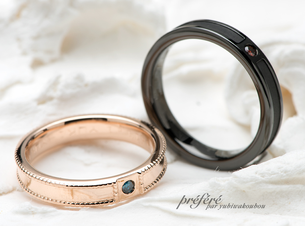 ピンクゴールド＆ブラックリングの結婚指輪のオーダーメイド