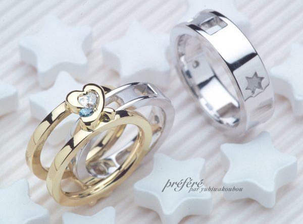 ゴールドの婚約指輪にプラチナの結婚指輪をセット