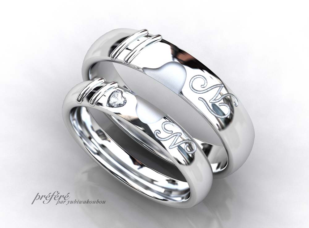 スライムとハートダイヤの結婚指輪-イメージCG